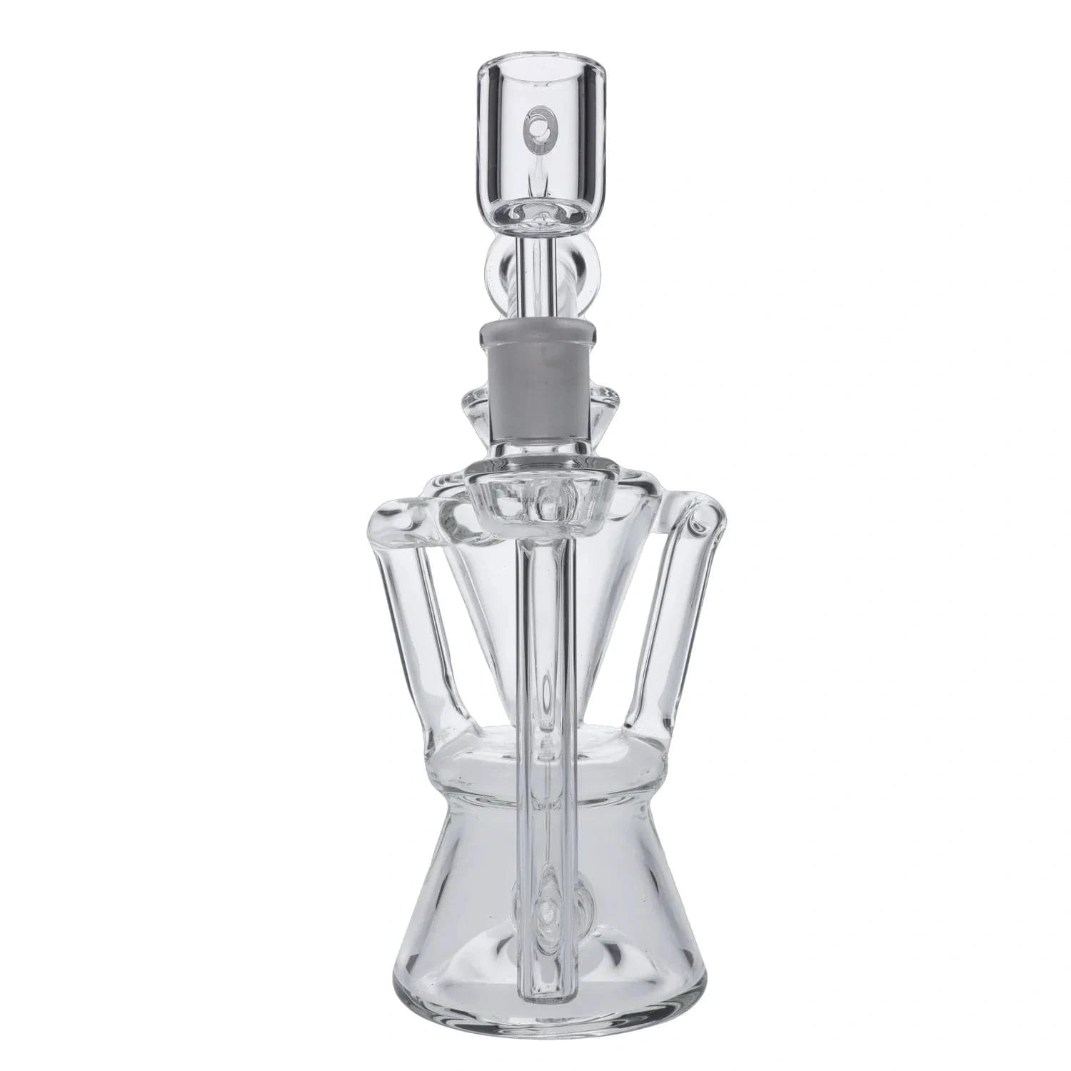 Center frontal view of the clear Hourglass Dab Rig Clear - 7.5" showing its hourglass-shaped body, vertical downstem, and top banger against a white background