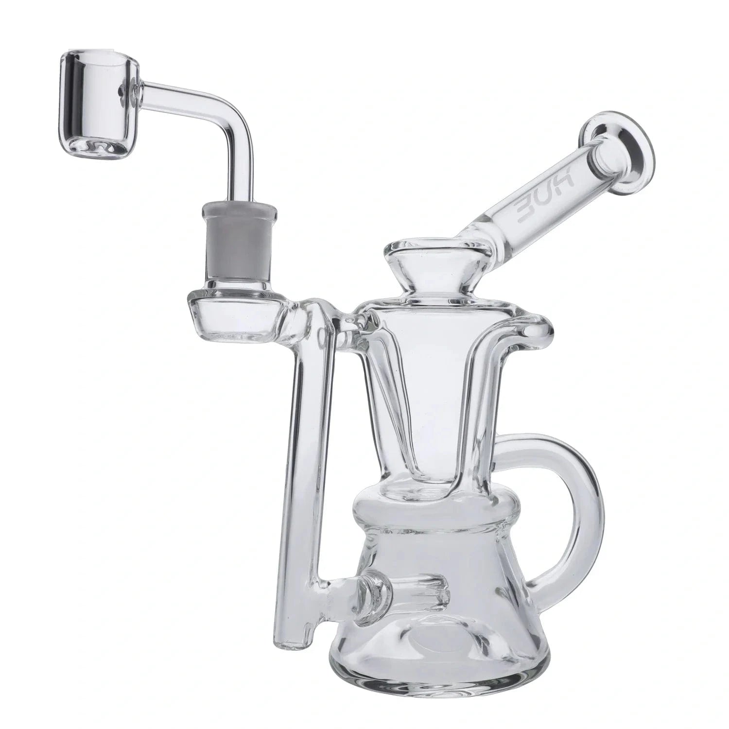 Close-up front view of the Hourglass Dab Rig Clear - 7.5" showing the clear glass body, angled mouthpiece and elevated banger against a white background