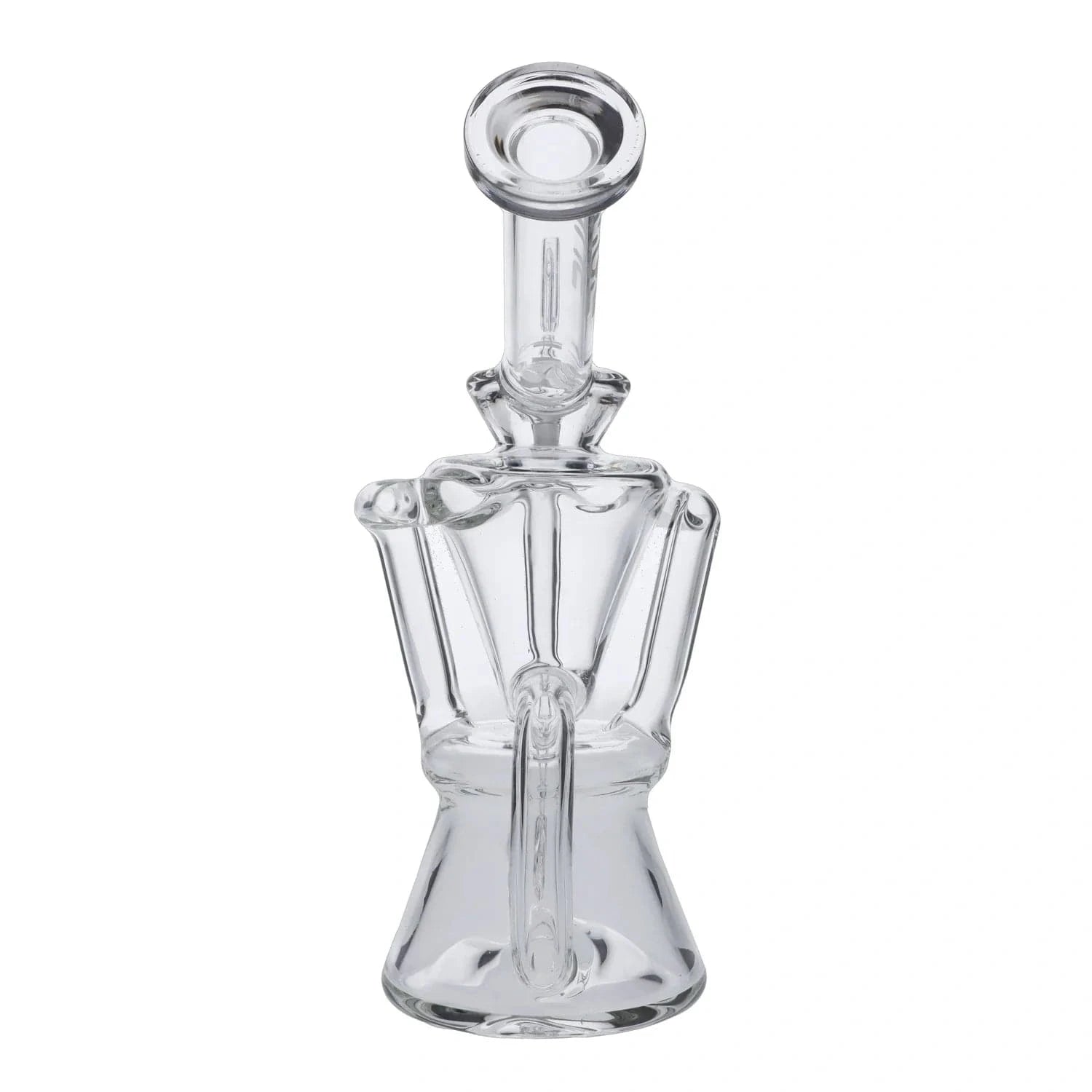 Centered front view of the Hourglass Dab Rig Clear - 7.5" showing its clear glass neck, flared mouthpiece, and sculpted body against a white background