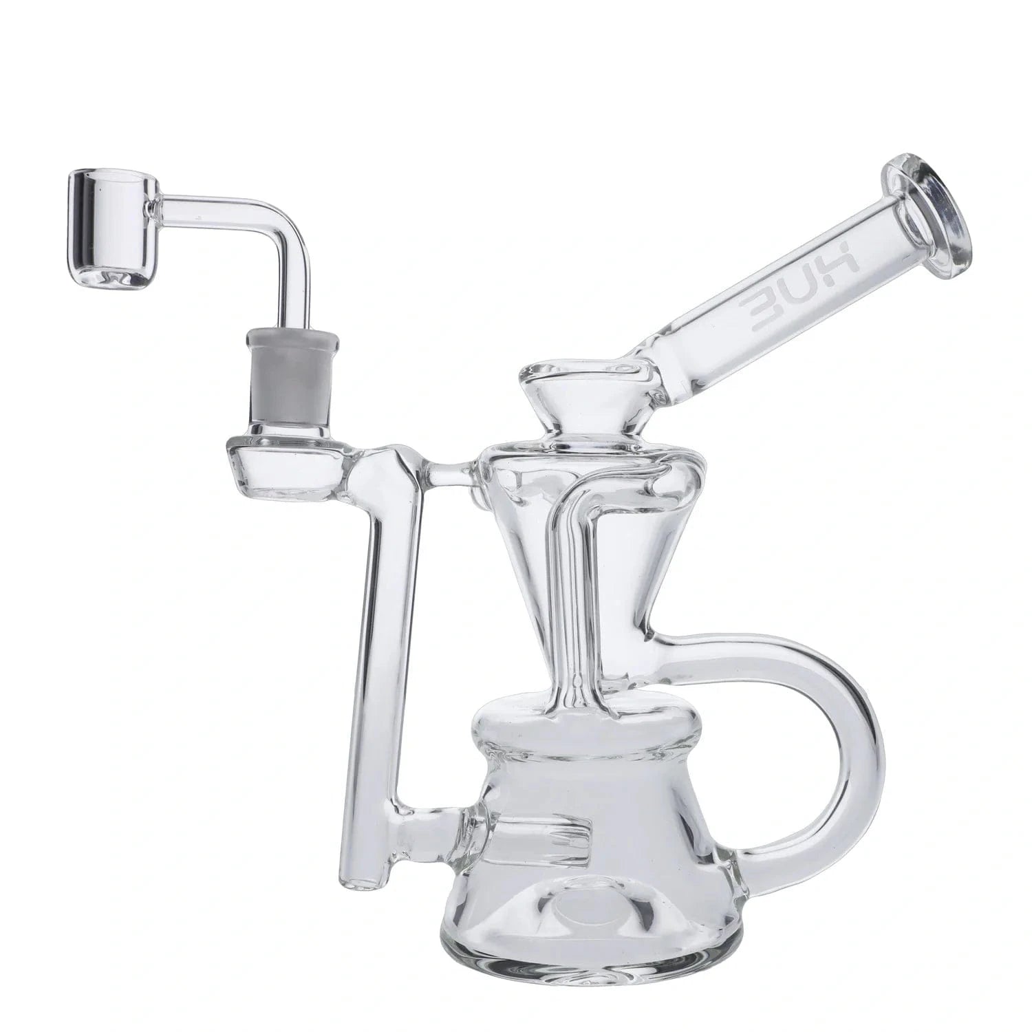Side view of the clear Hourglass Dab Rig Clear - 7.5" showing its angled mouthpiece, curved handle, and detailed glass percolator assembly.