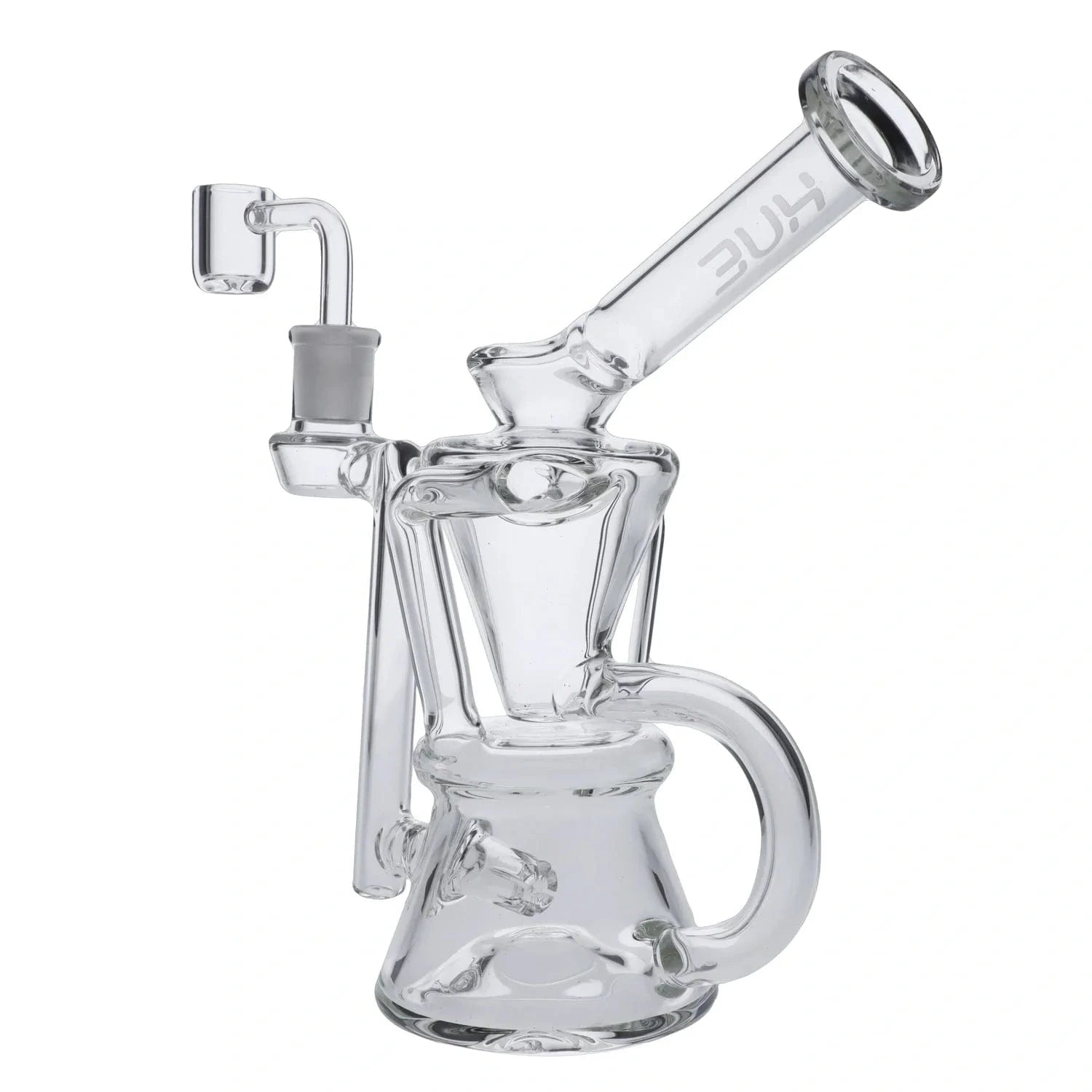 Angled close-up of the Hourglass Dab Rig Clear - 7.5" showing the clear glass body, tilted mouthpiece, and bubbler chamber from a three-quarter view