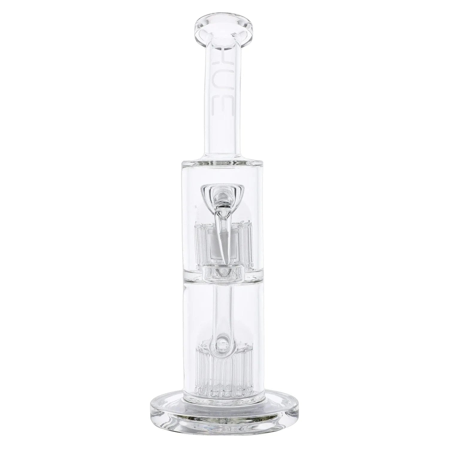 Centered front view of the clear Hue - Jellyfish Bong Clear - 13" showing its straight neck, dual percolators, and round base.