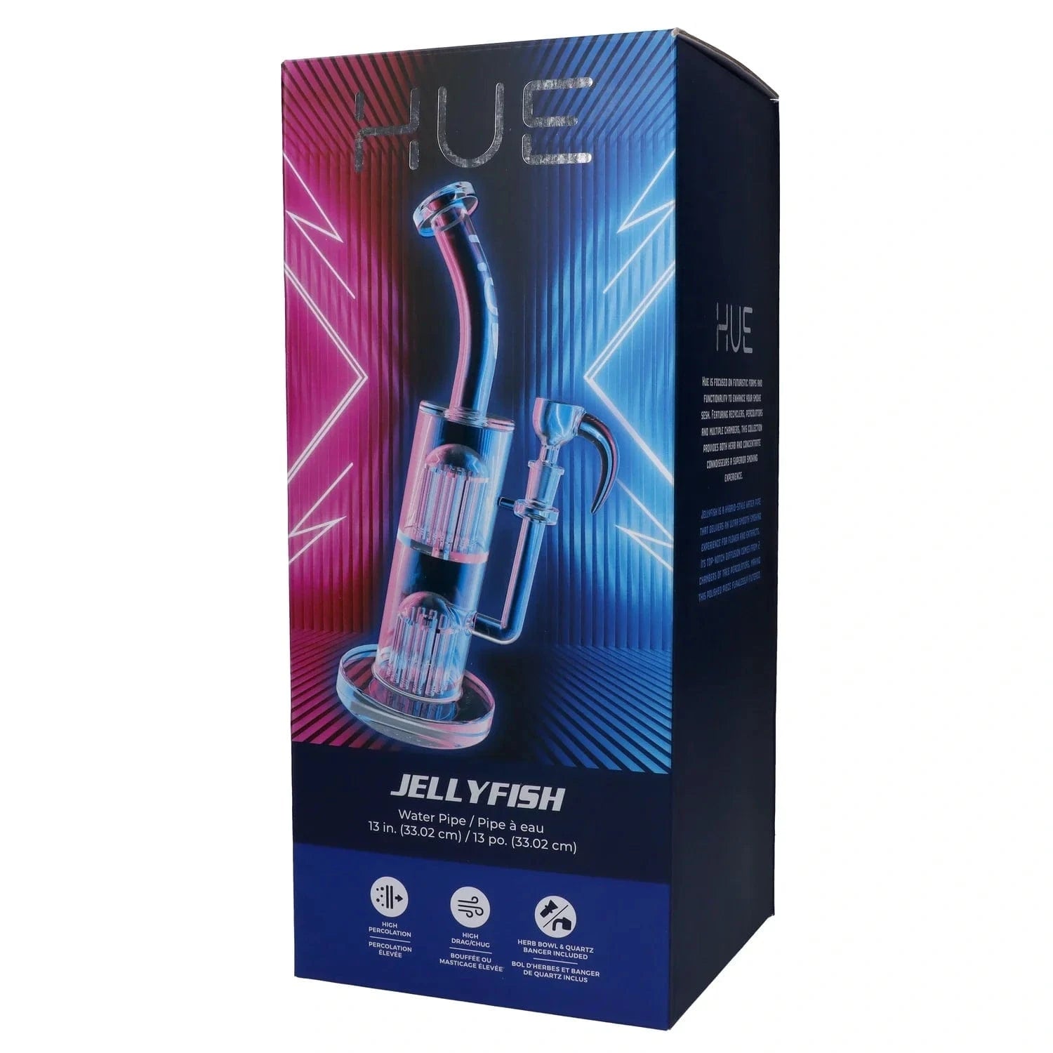 Angled front view of the Hue - Jellyfish Bong Clear - 13" box featuring neon pink and blue lighting and a rendered clear glass bong image.