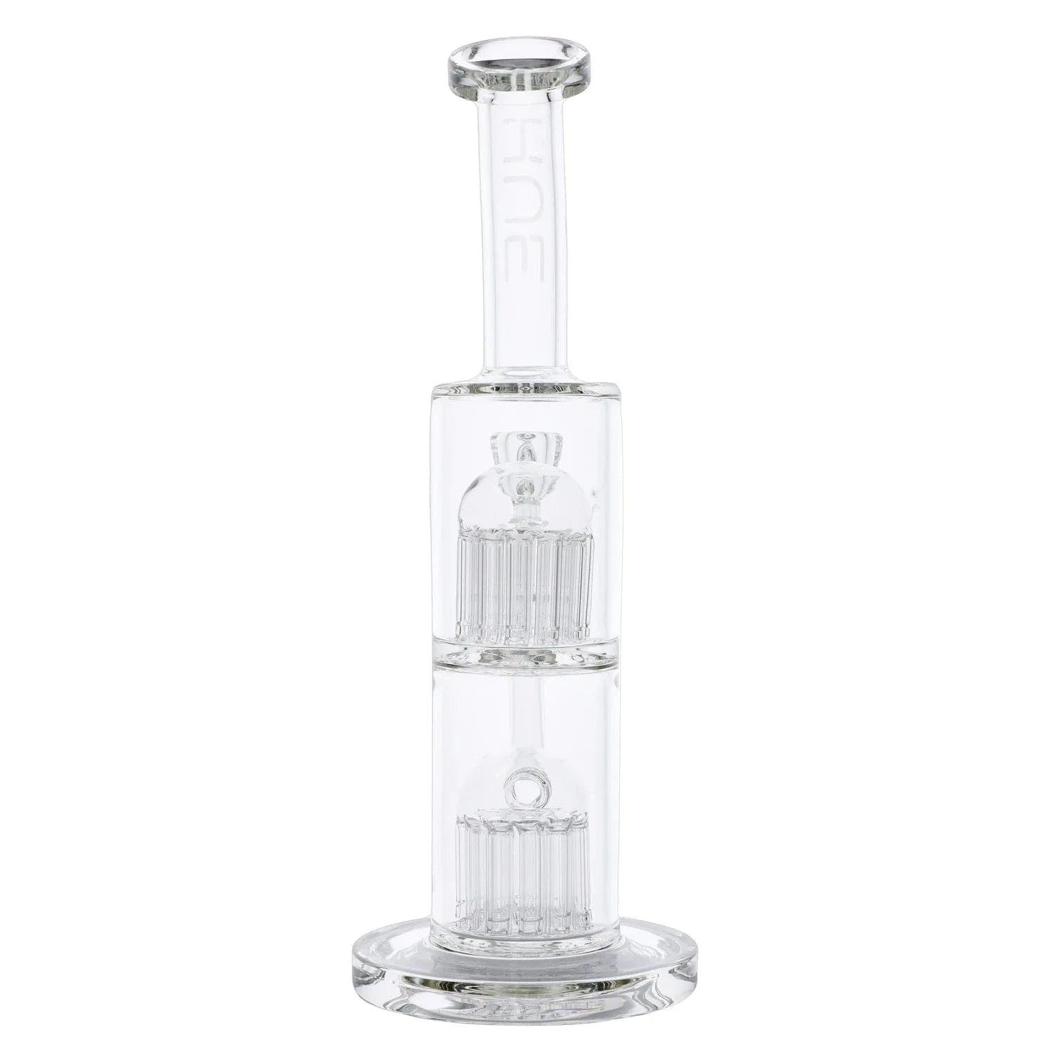 Center-frontal view of the clear 13" Hue - Jellyfish Bong Clear showing two stacked percolator chambers and a flared mouthpiece against a white background