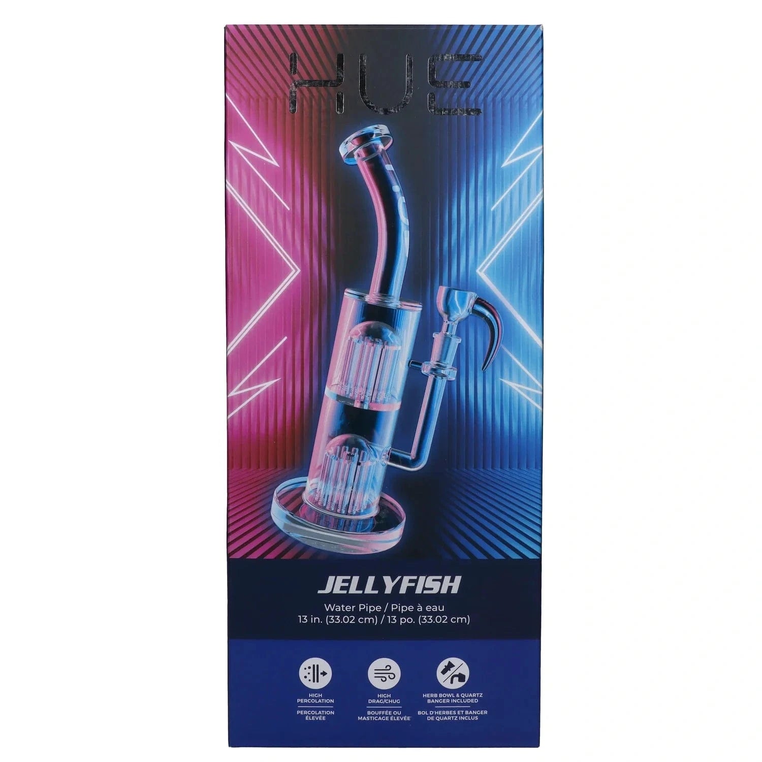 Angled portrait of the Hue - Jellyfish Bong Clear - 13" against a neon pink and blue striped background with geometric light accents.