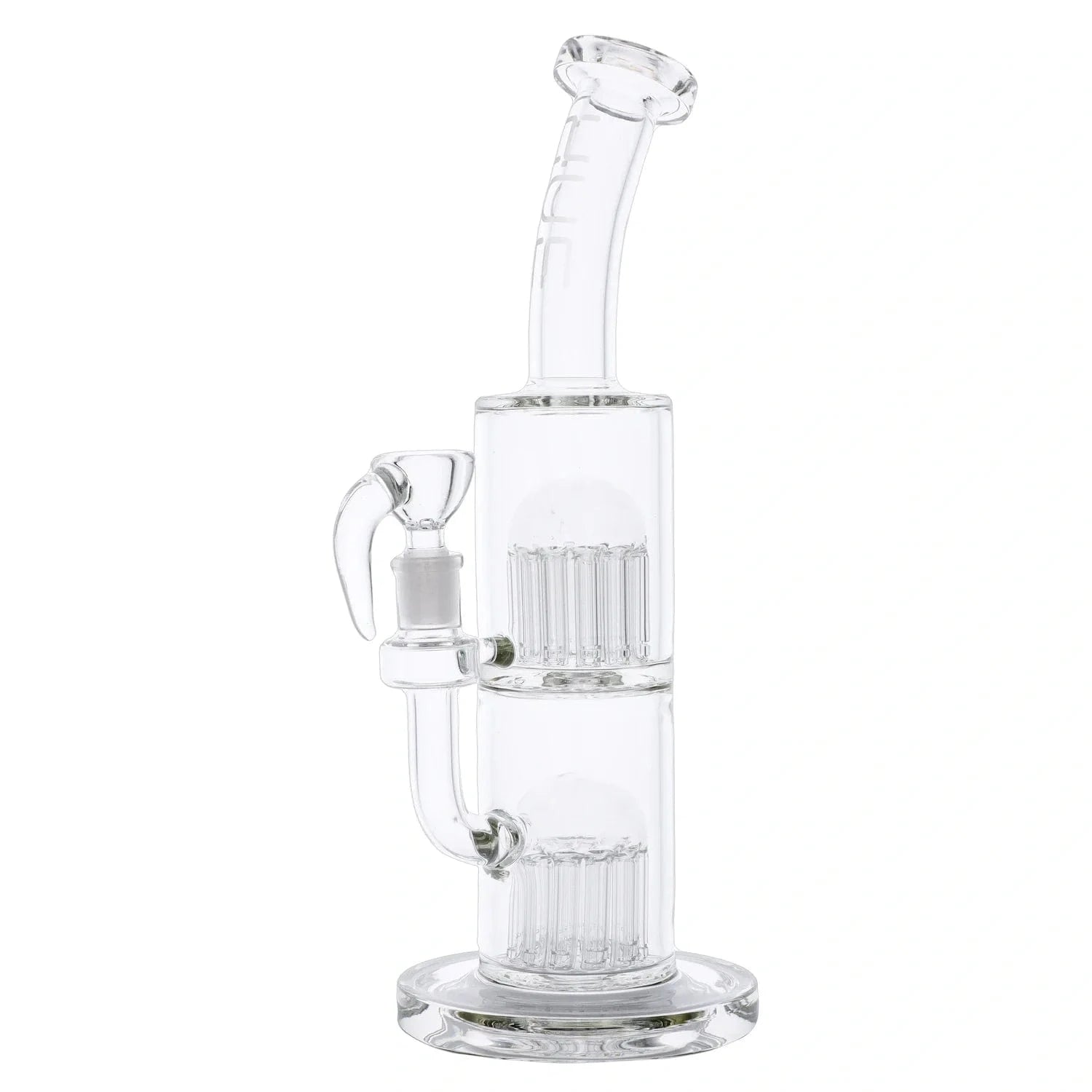 Studio-lit side view of the clear 13" Hue - Jellyfish Bong Clear showing dual percolator chambers and curved mouthpiece.