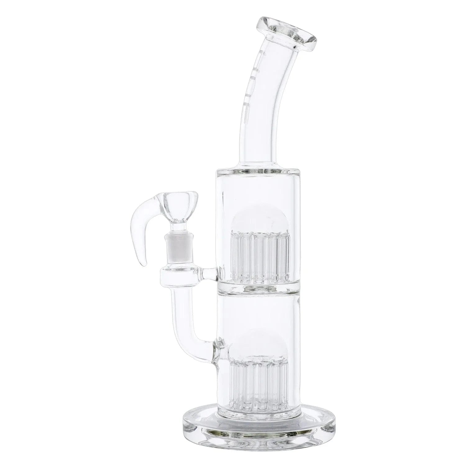 Right-side profile of the Hue - Jellyfish Bong Clear - 13" showing its clear glass dual-chamber body, angled mouthpiece, and internal percolators against a white background.