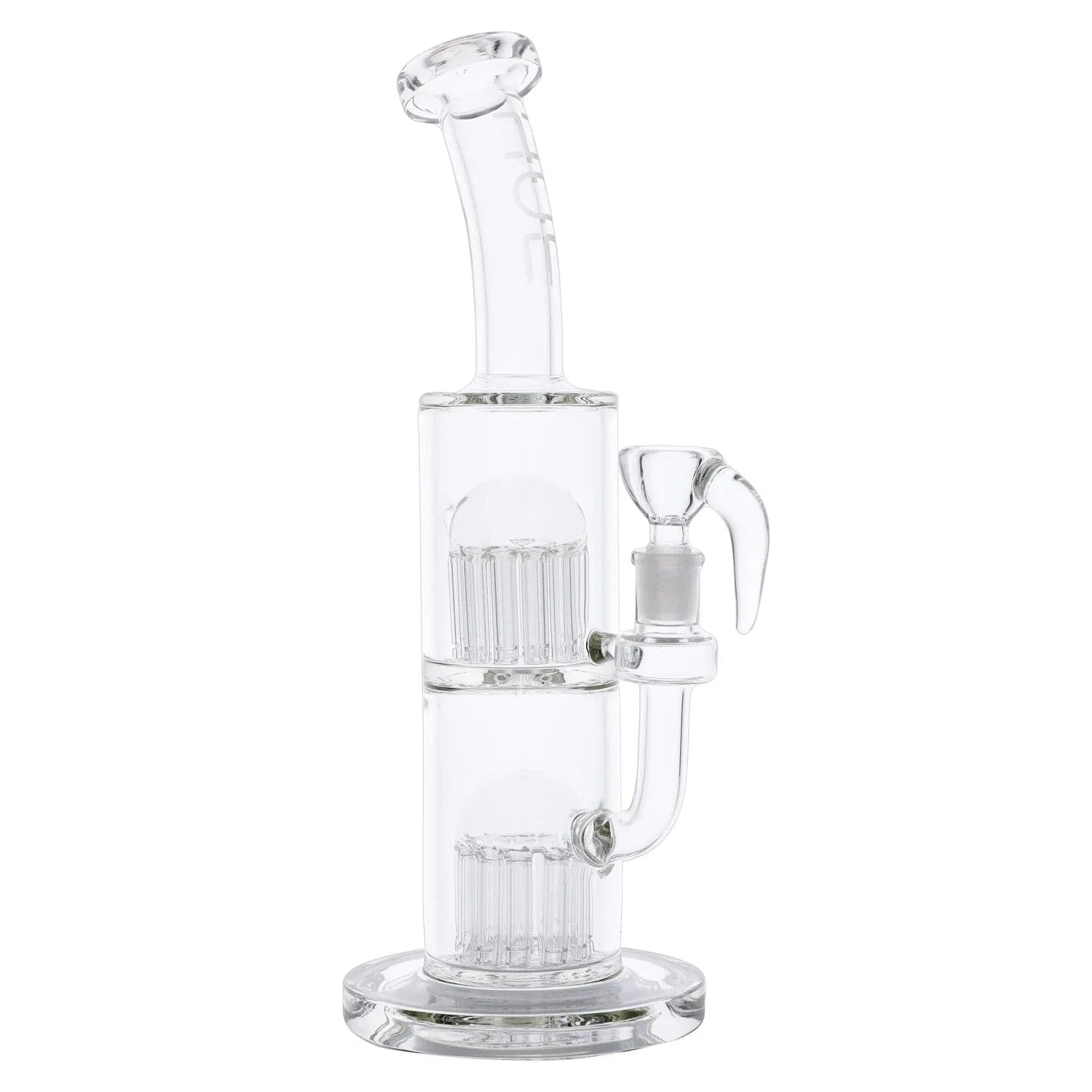 Vertical close-up of the clear 13" Hue - Jellyfish Bong Clear showing its dual percolator chambers and angled mouthpiece against a white background