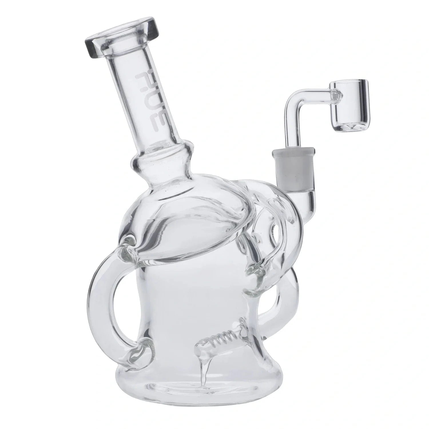 Angled close-up of the Mushroom Dab Rig Clear - 6.8" showing the clear glass body, curved handles and side-mounted banger against a white background