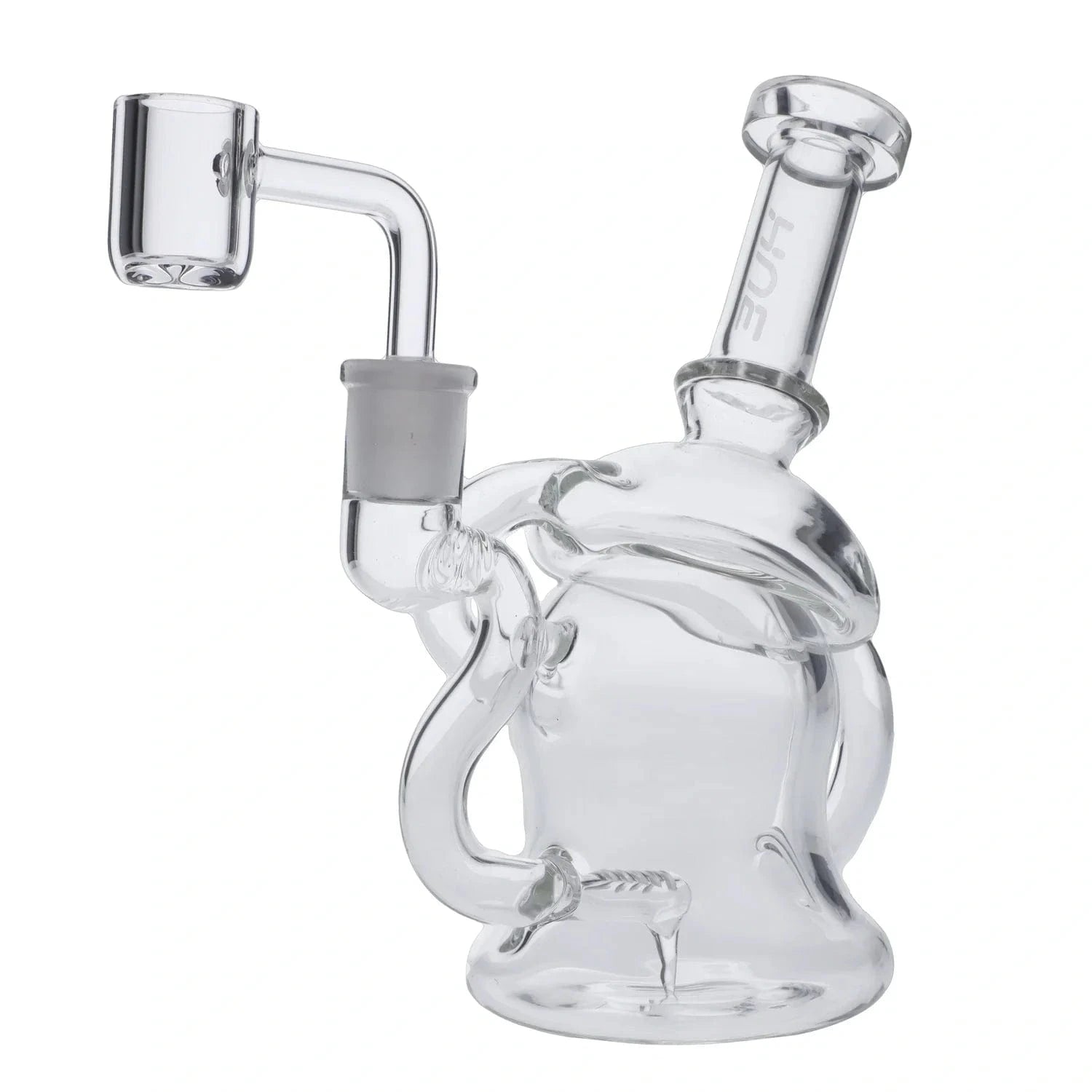 Angled close-up of the clear Mushroom Dab Rig Clear - 6.8" showing its bent neck, bubbled body and attached quartz banger against a white background.