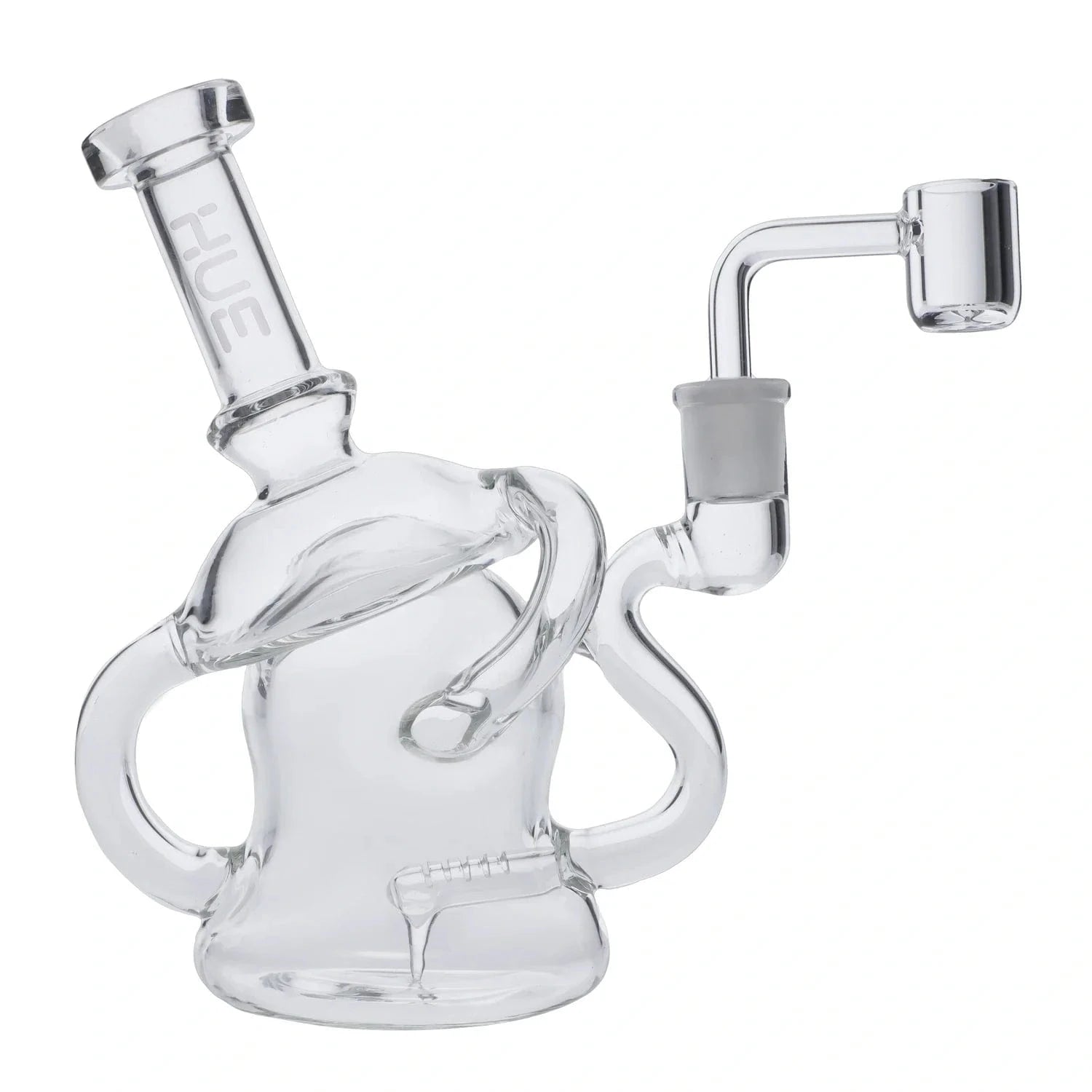 Angled close-up of the clear 6.8" Mushroom Dab Rig Clear - 6.8" showing its rounded body, dual loop handles, and bent quartz banger.