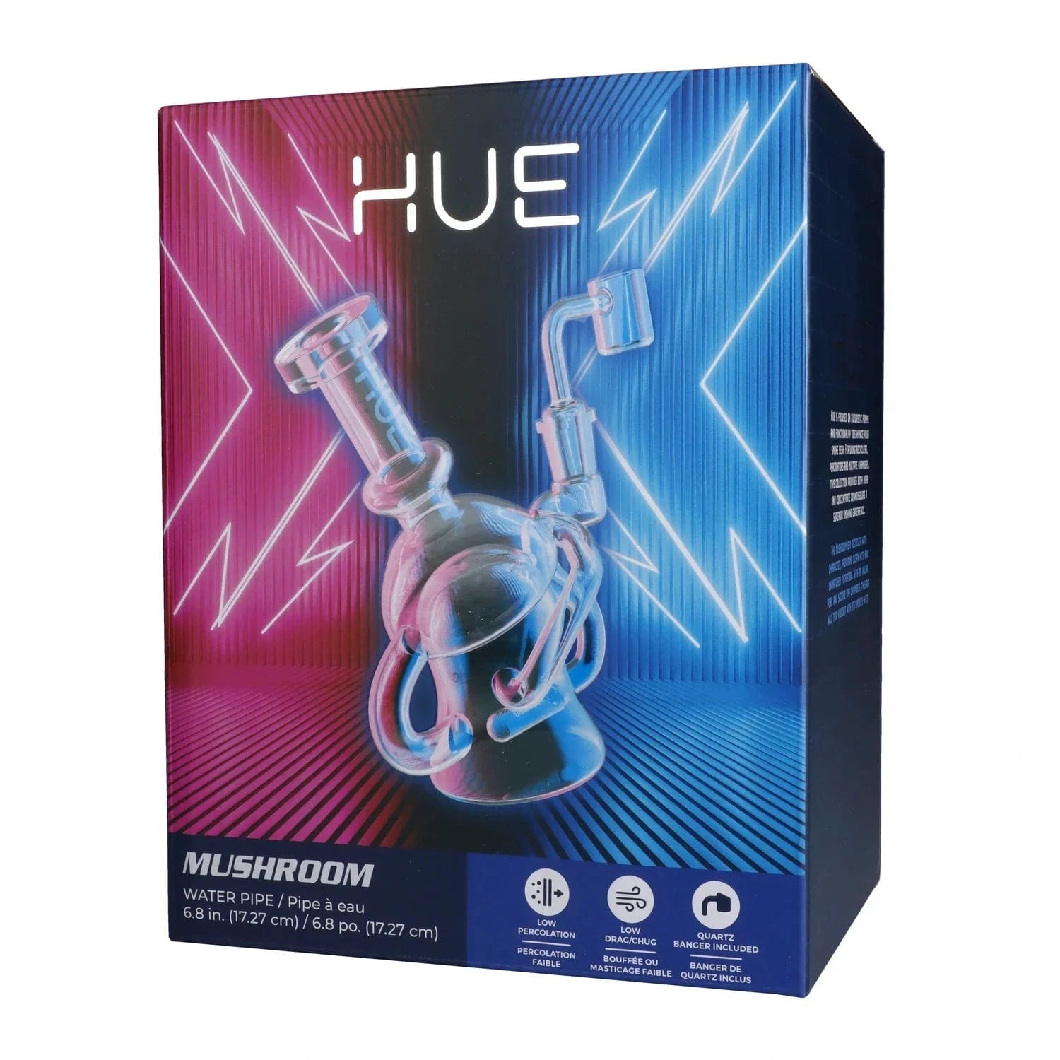 Front three-quarter view of the Mushroom Dab Rig Clear - 6.8" box art showing a neon-lit clear glass rig illustration against a split magenta and blue striped background.