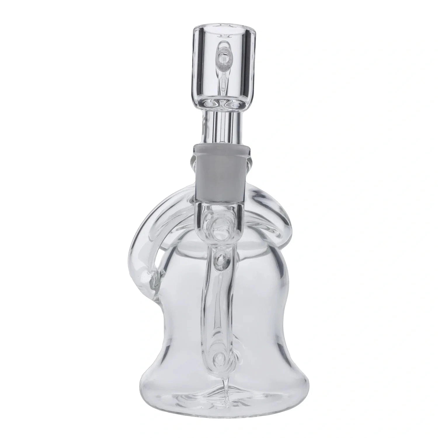 Straight-on close-up of the clear Mushroom Dab Rig Clear - 6.8" showing its rounded base, curved handle-like loop, and vertical mouthpiece against a white background