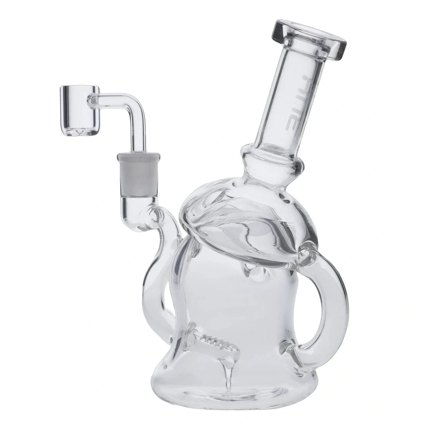 Angled close-up of the Mushroom Dab Rig Clear - 6.8" showcasing its clear glass mushroom-shaped body, bent mouthpiece, and side arm.