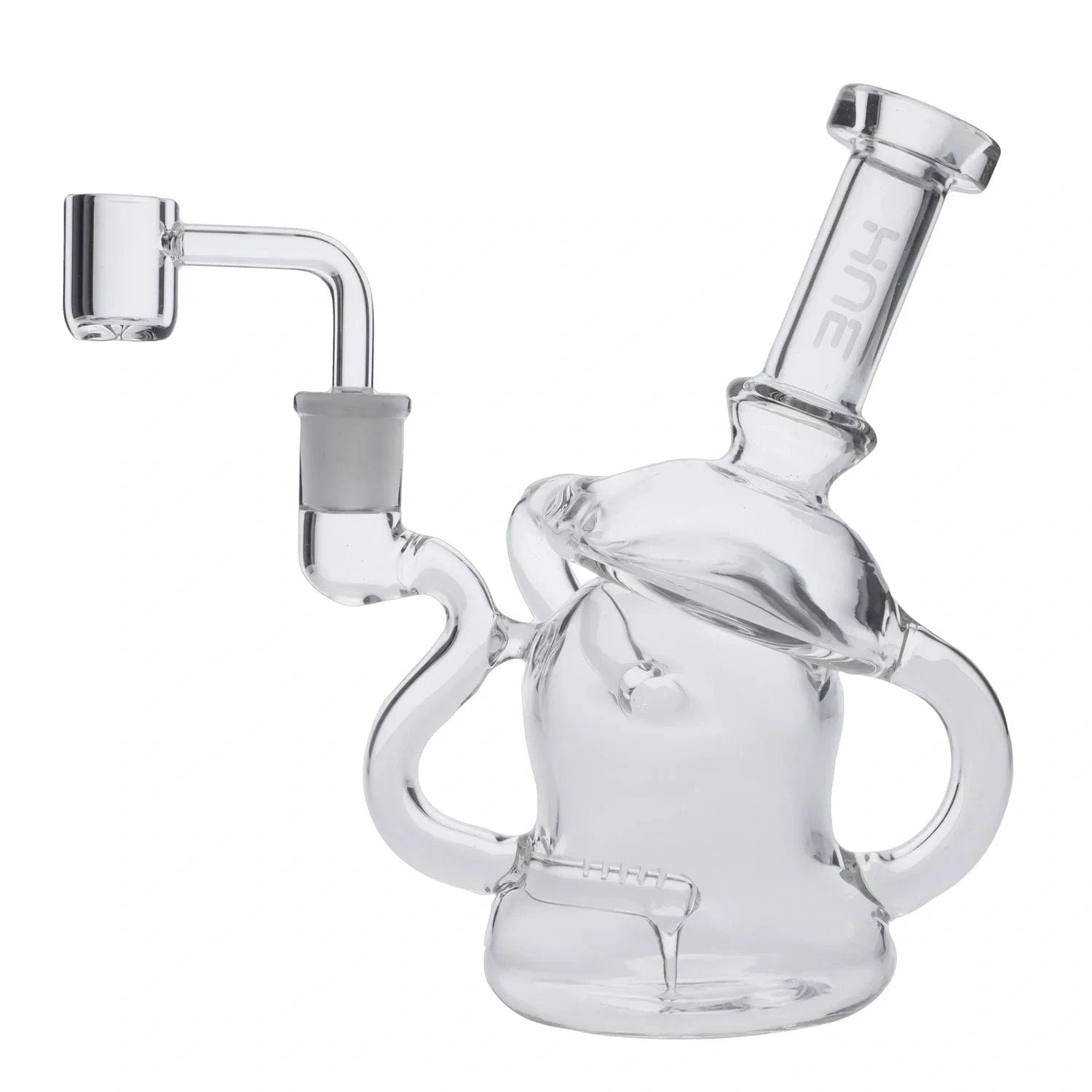 Angled close-up of the clear 6.8" Mushroom Dab Rig Clear - 6.8" showing its mushroom-shaped chamber, curved handles, and tilted mouthpiece.