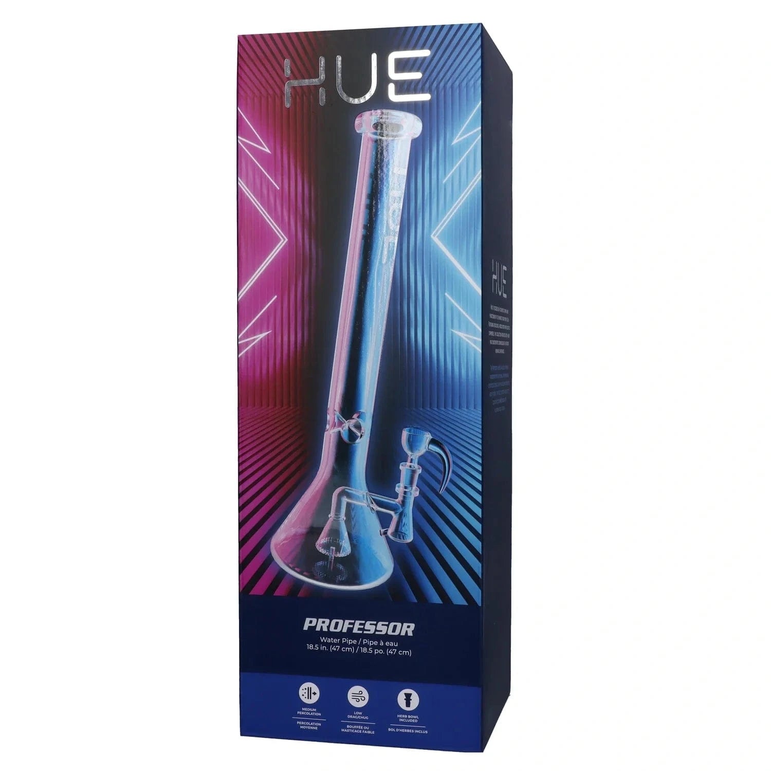 Tall, front-facing product box showing the Professor Bong Clear - 18.5" with a neon-lit clear glass beaker bong illustration against a split magenta and blue striped background.
