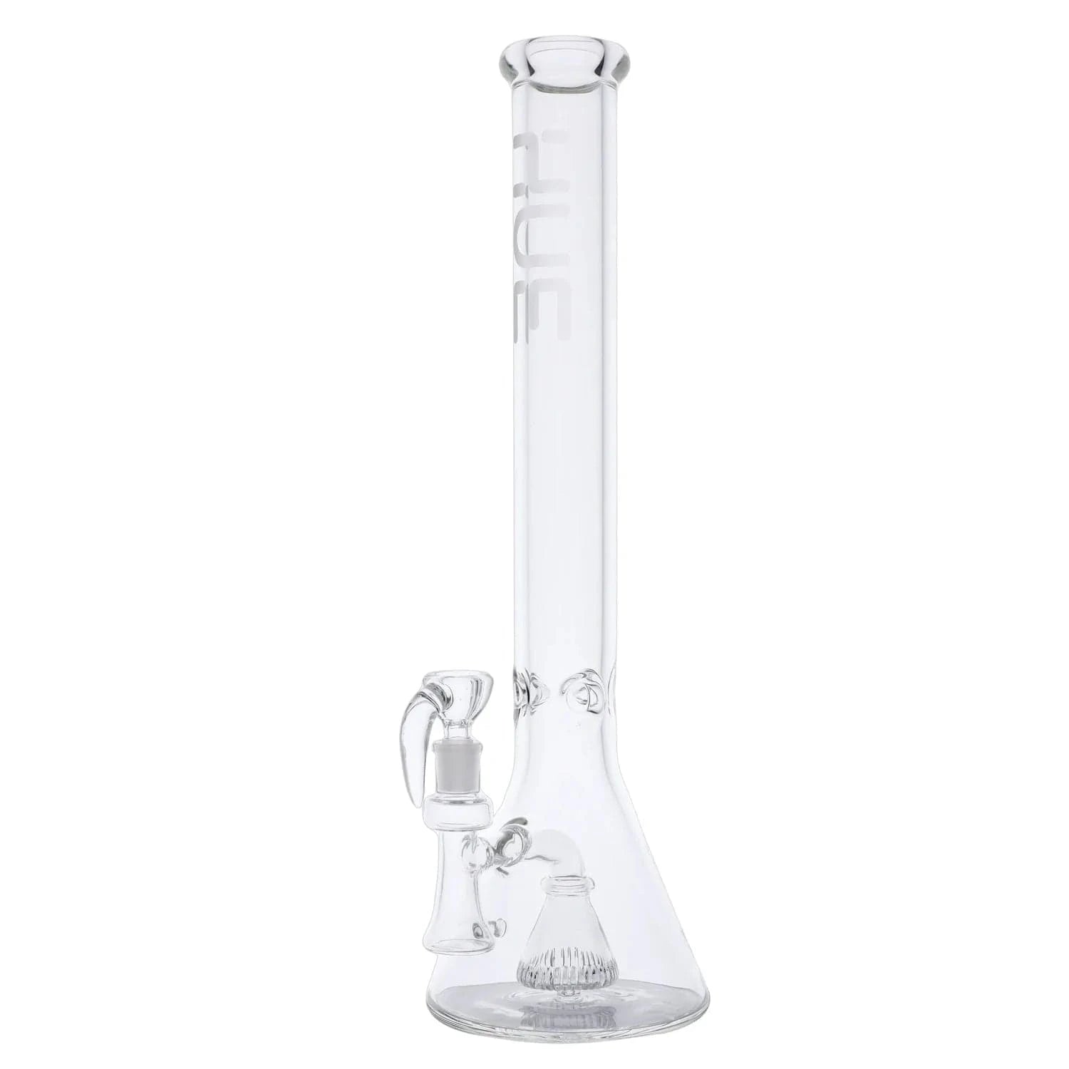Center-frontal view of the Professor Bong Clear - 18.5" tall clear glass beaker bong against a white background, showing the straight neck, beaker base, and percolator.