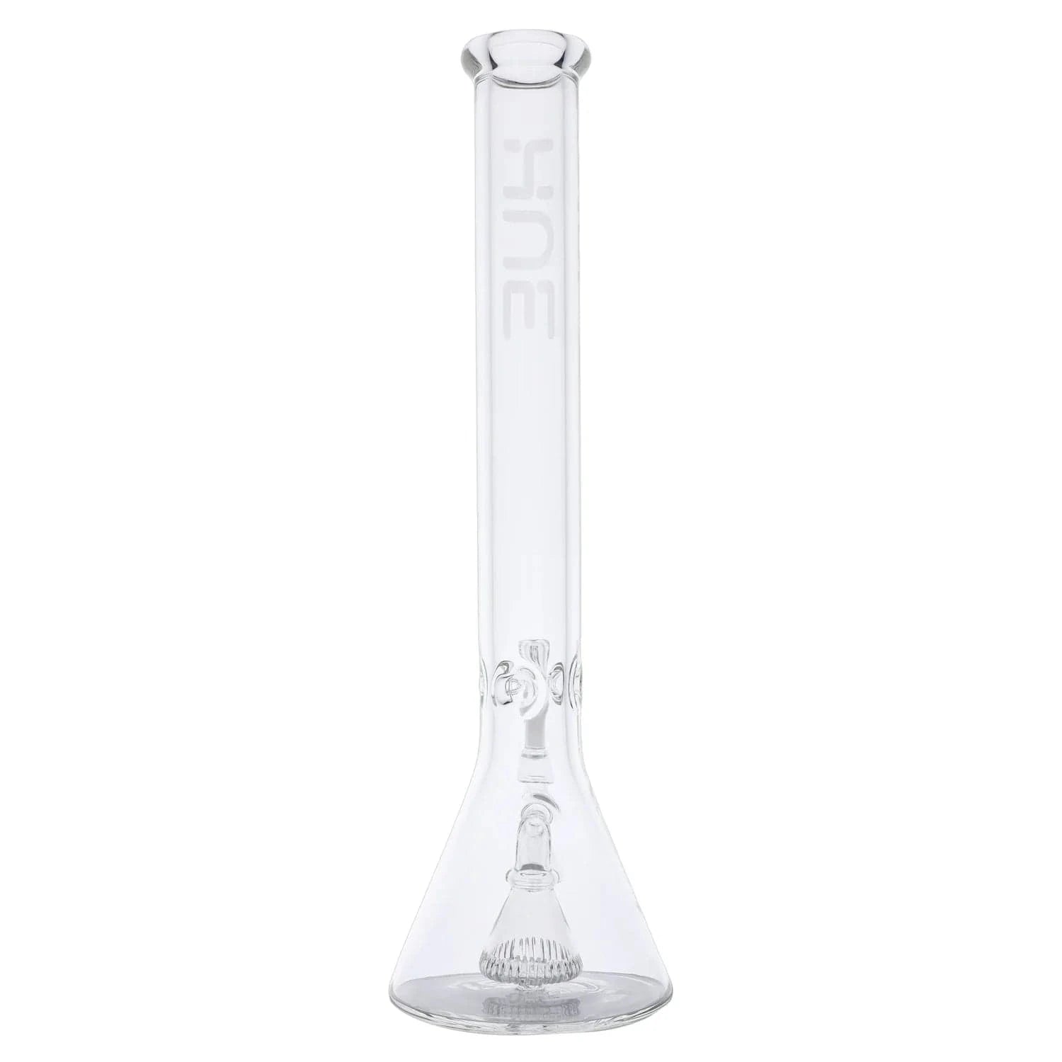 Straight-on studio view of the Professor Bong Clear - 18.5" showing its tall clear glass tube, beaker base, and internal percolator against a white background