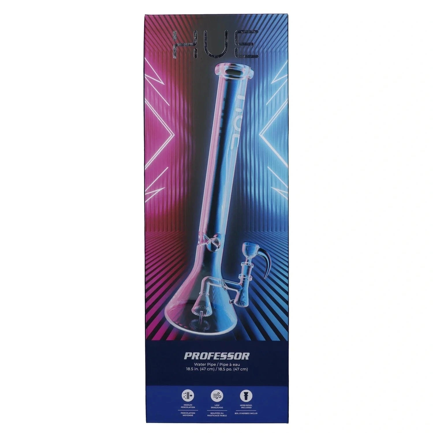 Tall front-facing shot of the Professor Bong Clear - 18.5" with neon pink and blue lighting highlighting the clear glass tube and beaker base.