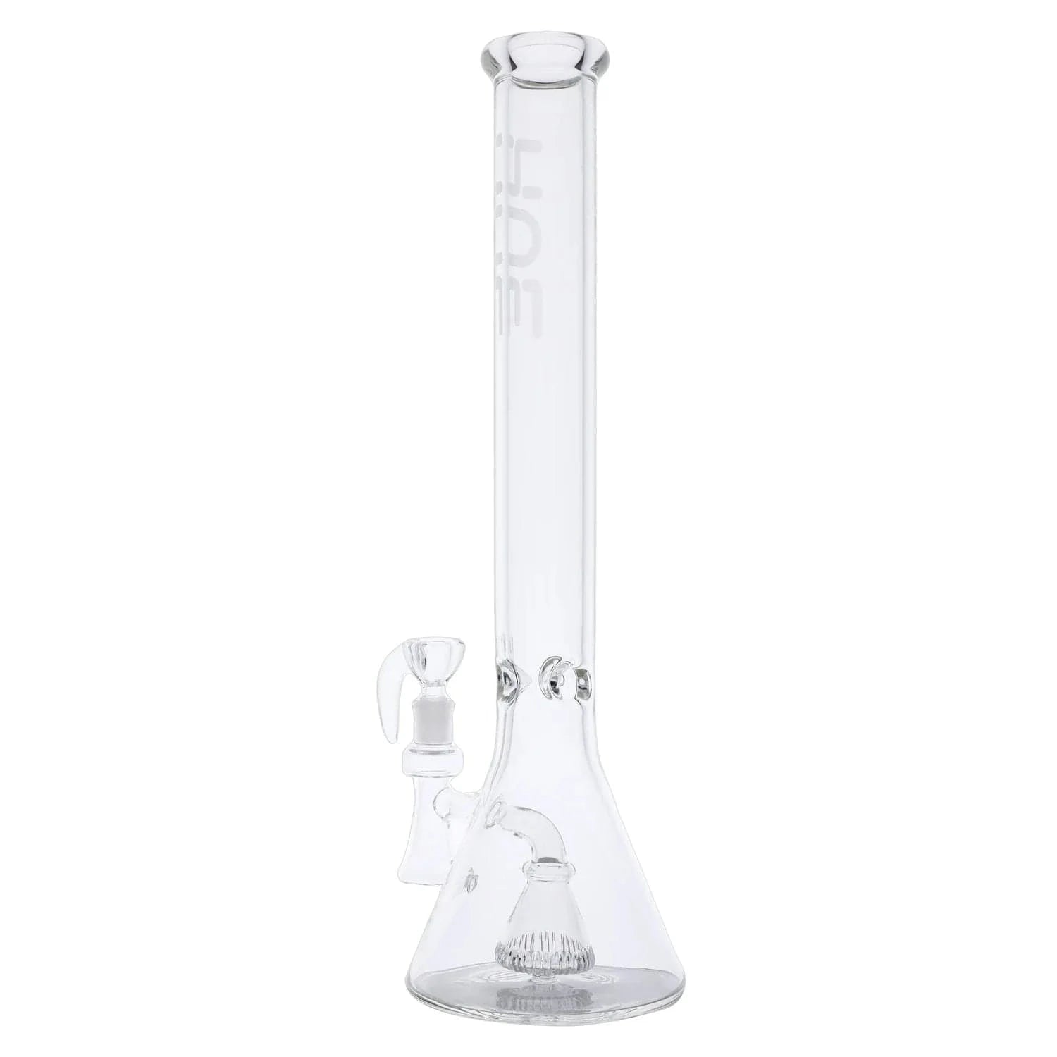 Front view of the Professor Bong Clear - 18.5"" beaker bong in clear glass against a white background, showing its straight neck, angled downstem and internal percolator.