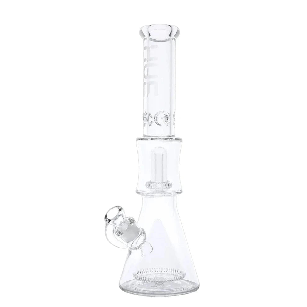 Front view of the Hue Pyramid Bong Clear - 16.25" showing the tall clear glass beaker with a straight neck, percolator, and side bowl on a white background