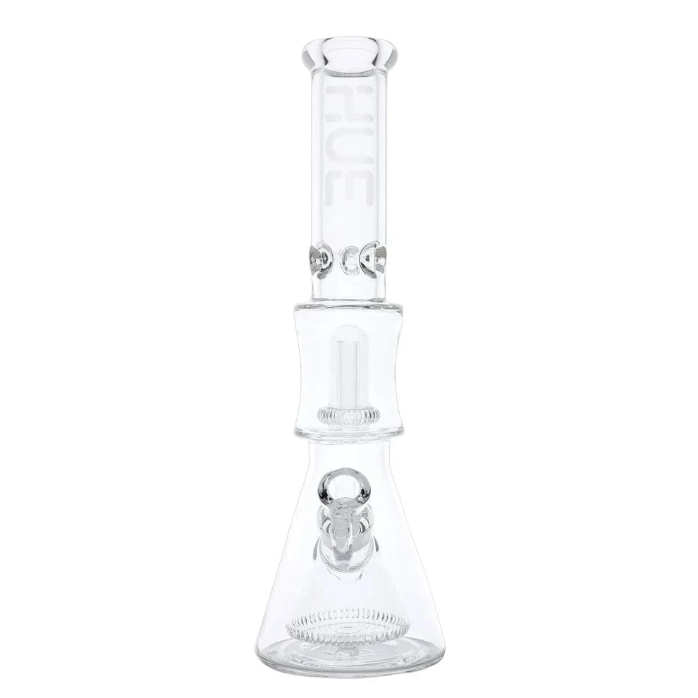 Straight-on view of the Hue Pyramid Bong Clear - 16.25" standing on a white background, showing its clear glass beaker base, percolator and straight neck.