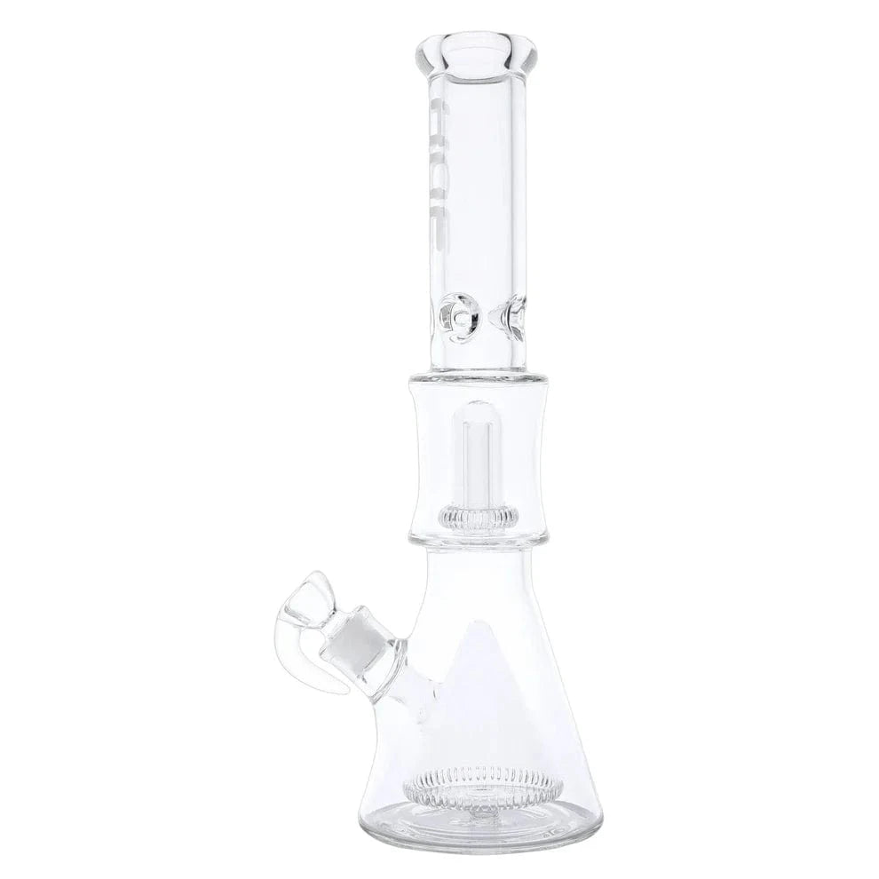 Front view of the Hue Pyramid Bong Clear - 16.25" showing a tall clear glass beaker base, angled downstem and straight neck against a white background.