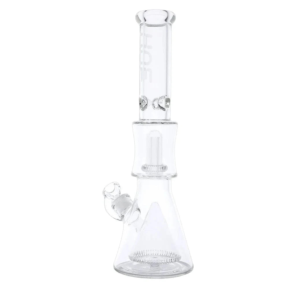 Front view of the Hue Pyramid Bong Clear - 16.25" showing the tall clear glass beaker base, straight neck, and internal percolator against a white background.