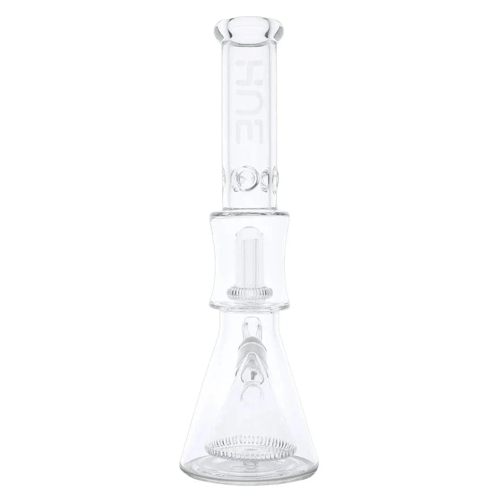 Front view of the Hue Pyramid Bong Clear - 16.25" showing the tall clear glass beaker body, straight neck, and internal percolator on a white background
