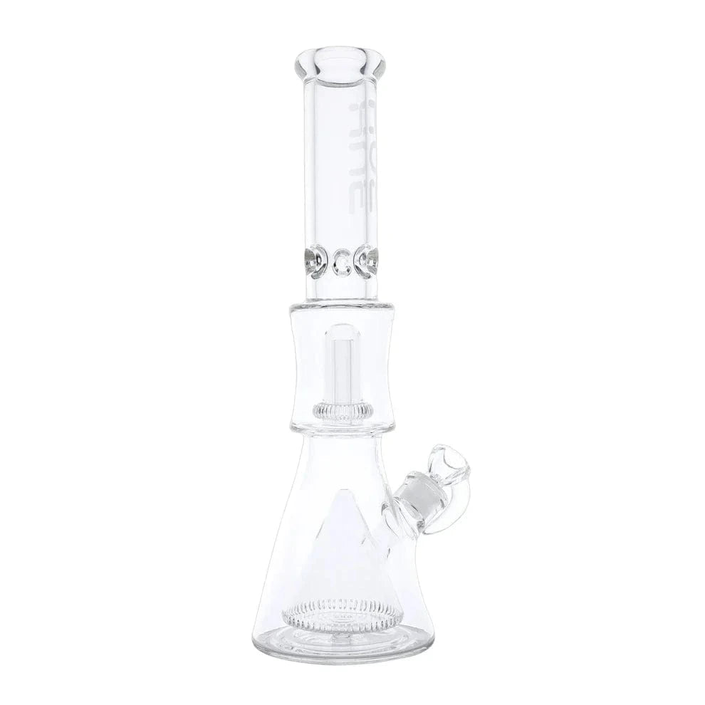 Front view of the Hue Pyramid Bong Clear - 16.25" showing the clear glass beaker base, angled downstem and straight neck on a white background