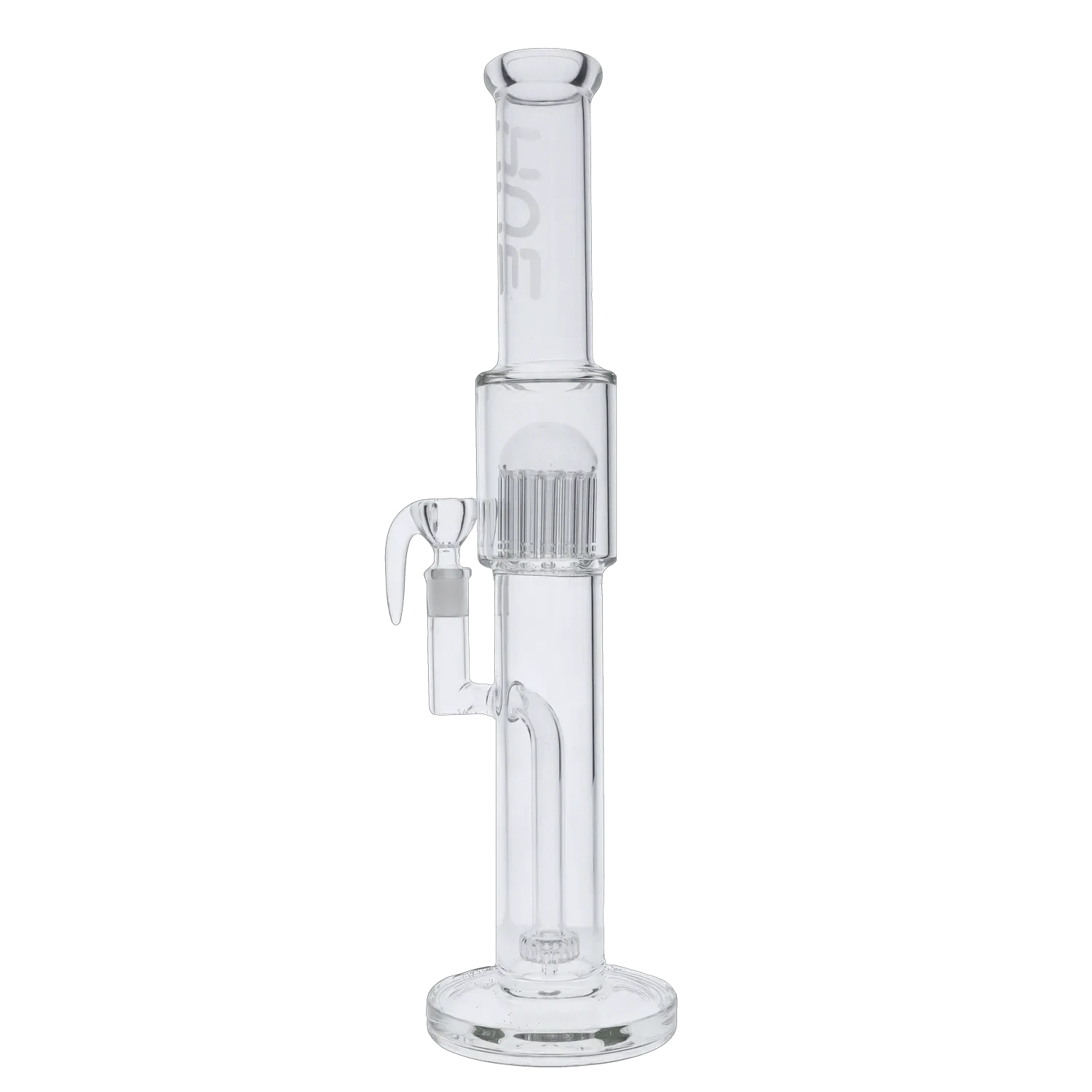 Vertical front view of the Tower Bong Clear - 17.75" showing its tall clear-glass tube, percolator chamber, and angled side joint.