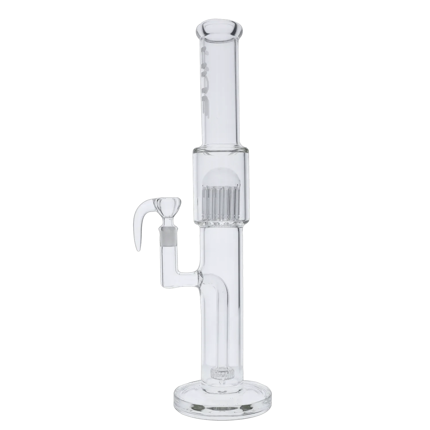 Vertical front view of the Tower Bong Clear - 17.75"" showing the tall clear glass tube, percolator chamber, side joint, and round base.