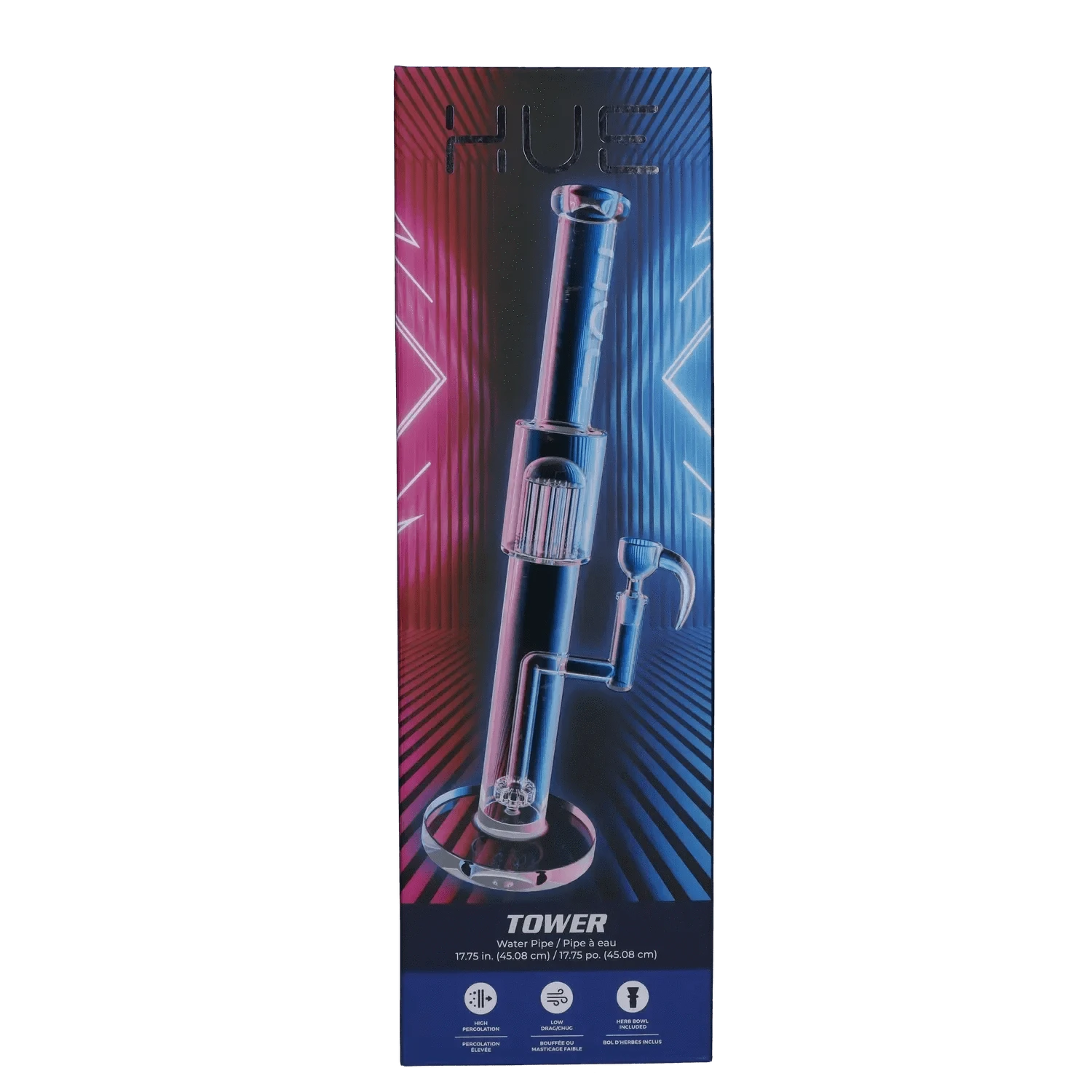 Tall, centered front view of the Tower Bong Clear - 17.75" illuminated by split pink and blue diagonal lighting against a ribbed backdrop