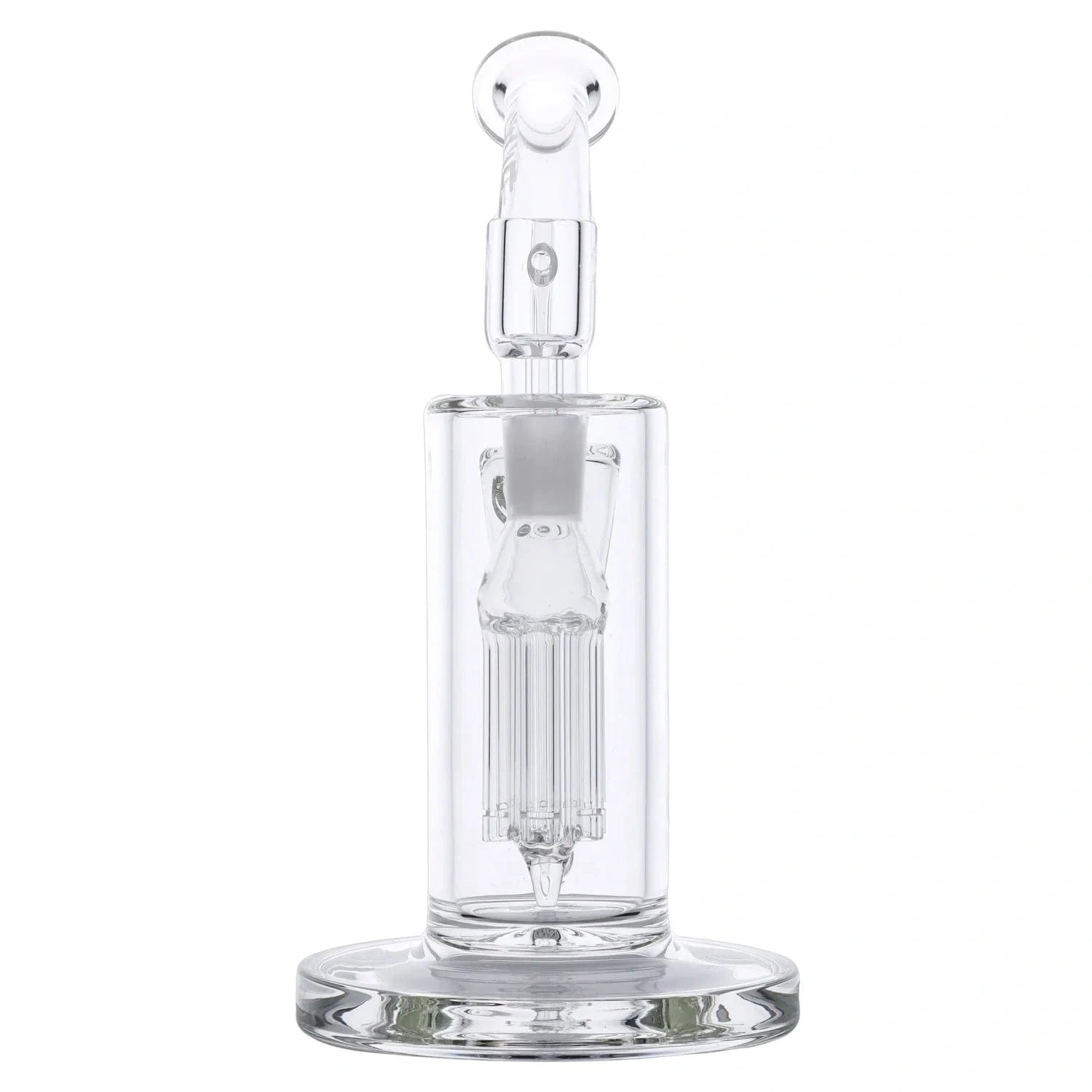 Front-facing close-up of the Whirlpool Dab Rig Clear - 9" showing its clear glass chamber, internal tree perc, and circular base against a white background