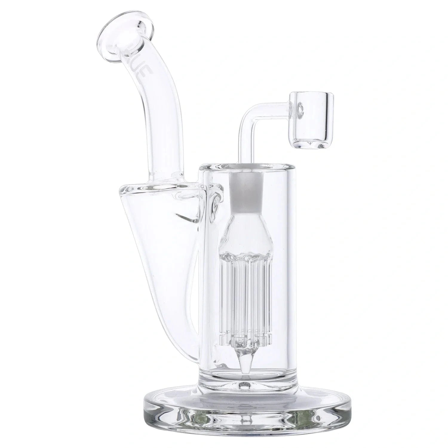 Close-up front view of the Whirlpool Dab Rig Clear - 9" showing its clear glass body, angled mouthpiece, percolator chamber, and flat round base.