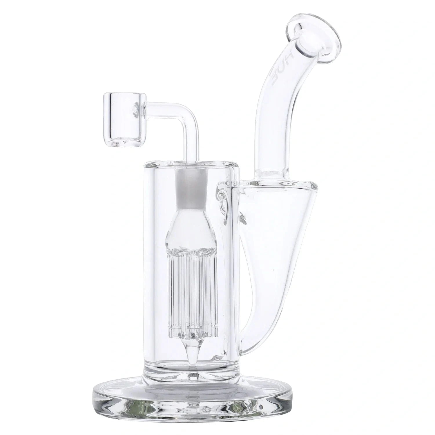 Close-up front view of the Whirlpool Dab Rig Clear - 9" showing its clear glass chamber, percolator and angled mouthpiece against a white background