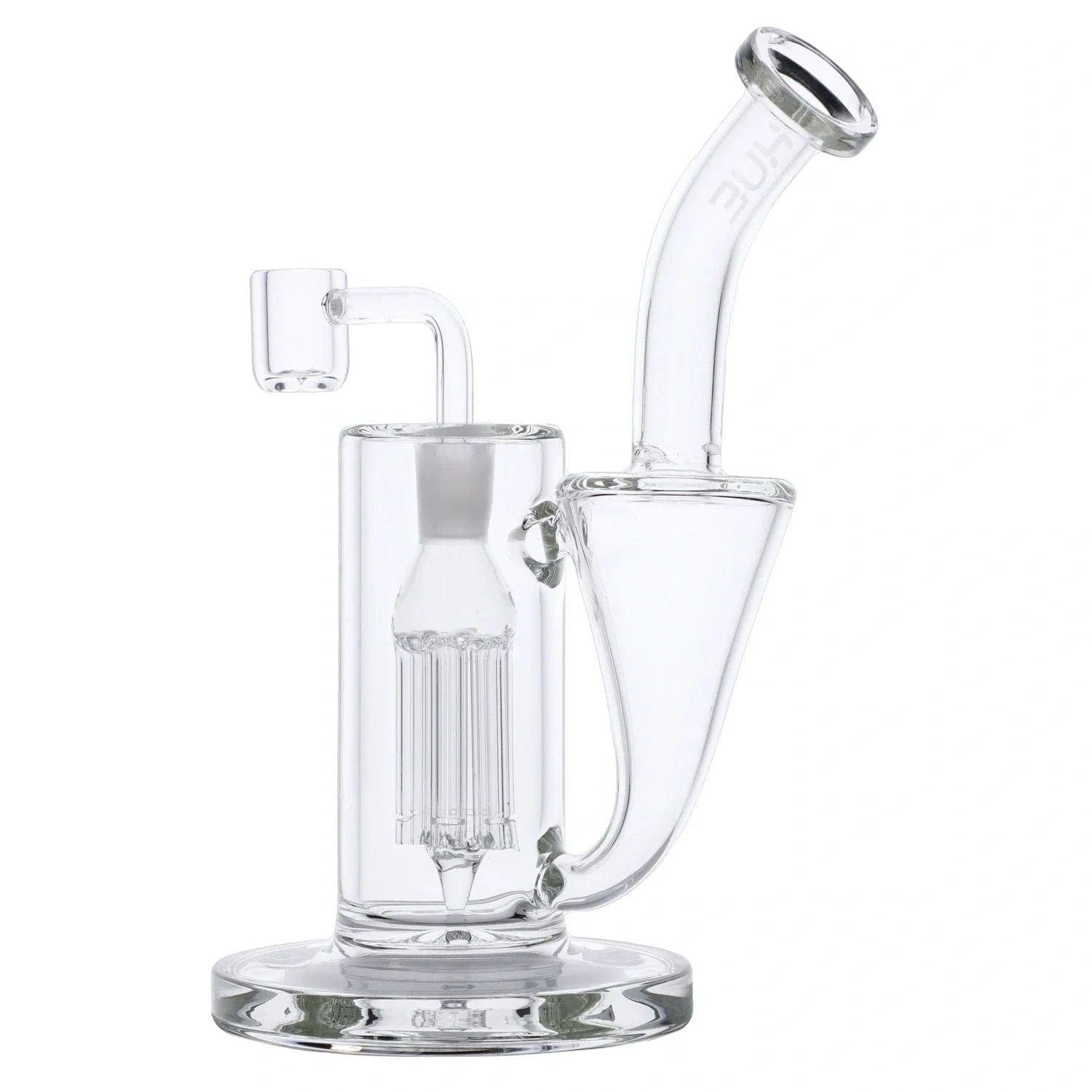 Close-up front view of the Whirlpool Dab Rig Clear - 9" showing its clear glass chamber, angled mouthpiece and percolator against a white background