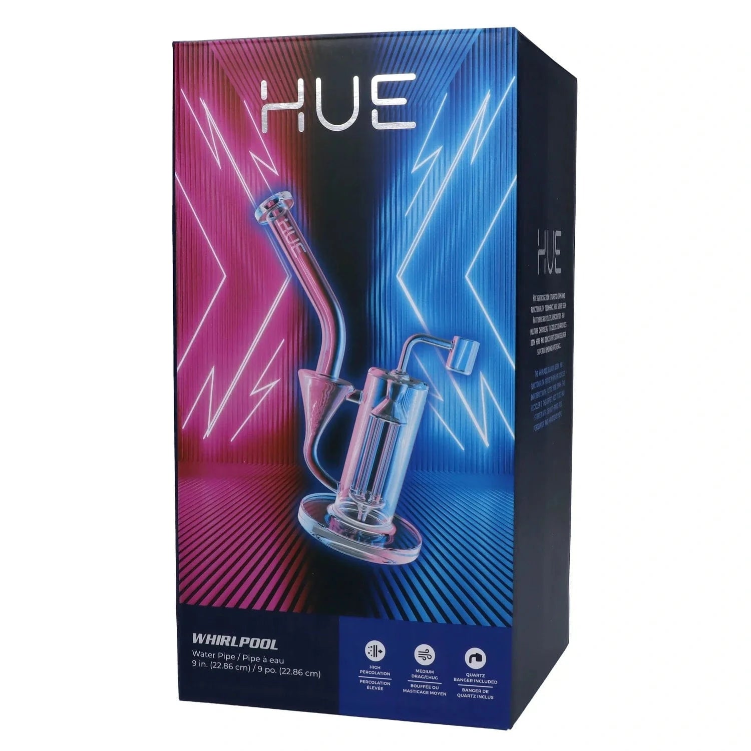 Angled front view of the Whirlpool Dab Rig Clear - 9" box showing neon pink and blue lighting behind a clear glass rig illustration.