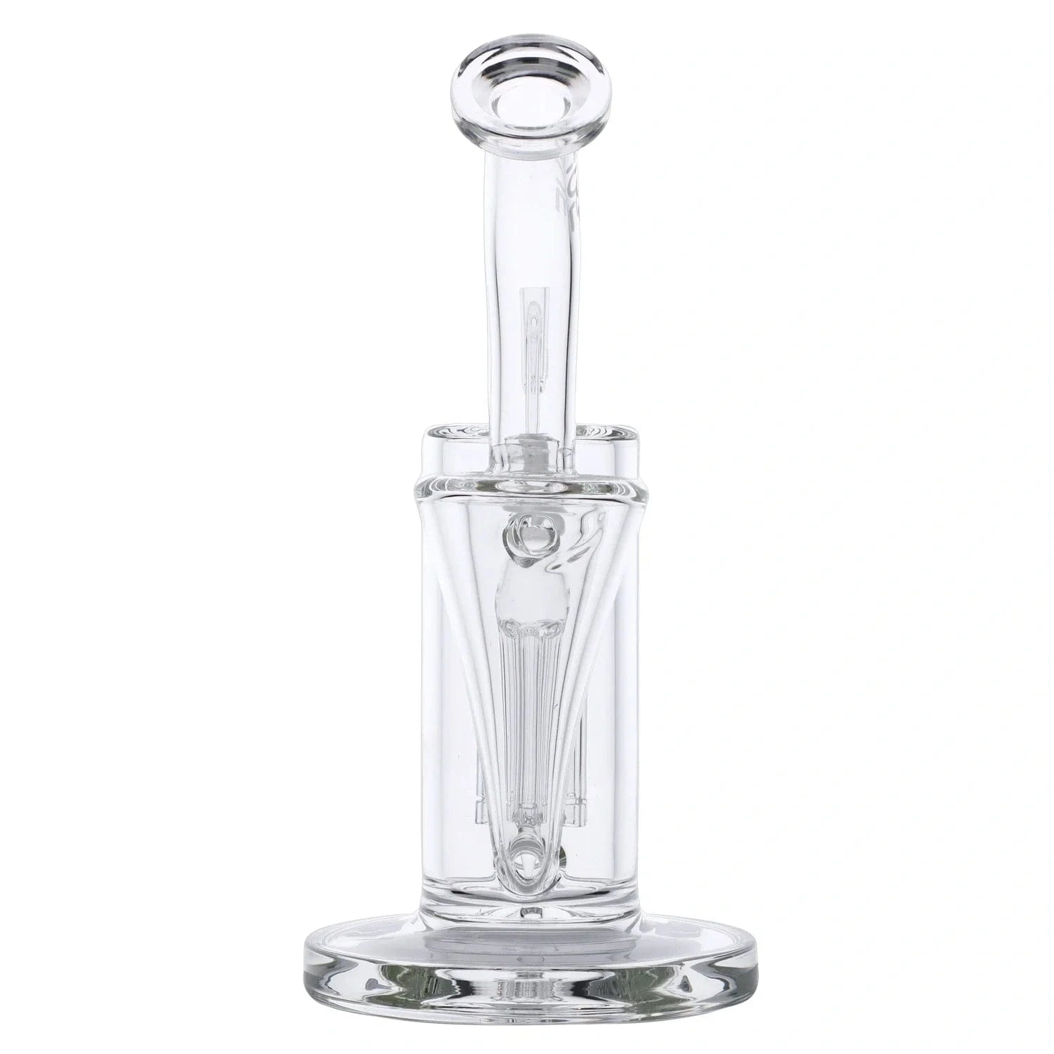 Front view of the Whirlpool Dab Rig Clear - 9" showing its clear glass neck, inner percolator detail, and round base on white.