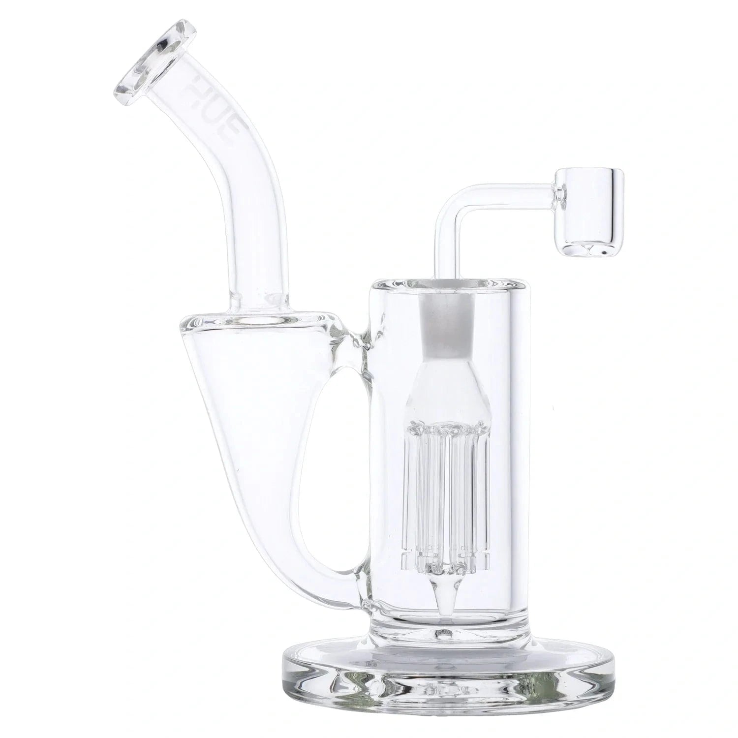 Close-up side view of the Whirlpool Dab Rig Clear - 9" showing its angled mouthpiece, cylindrical chamber with tree percolator, and clear glass on a white background.