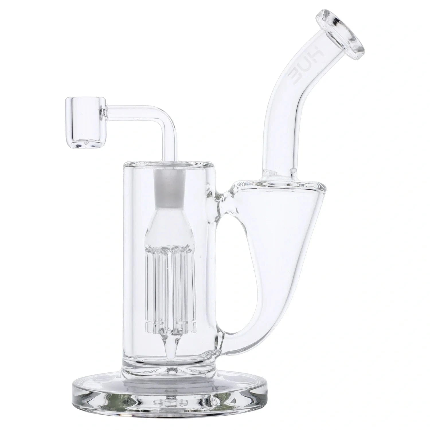 Side profile of the Whirlpool Dab Rig Clear - 9" showing the clear glass body, angled mouthpiece, and internal percolator against a white background
