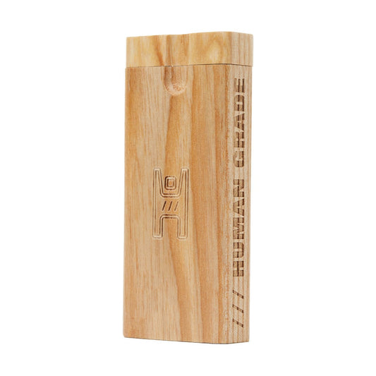 Front view of the Human Grade Wooden Dugout, a rectangular wooden box with a smooth, natural grain.