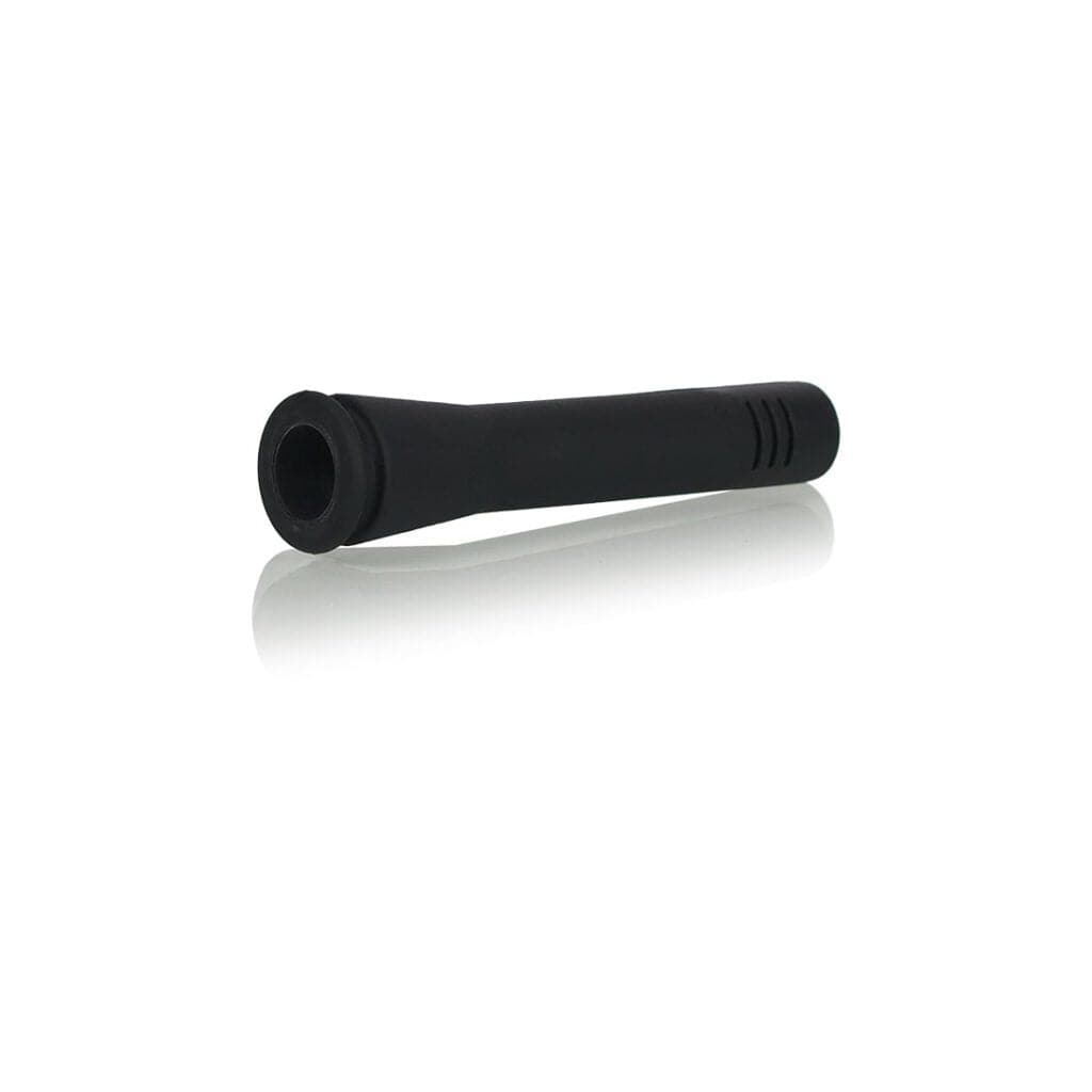 Angled side view of the black Ryot Ceramic Maple Traveller Pipe resting on a reflective white surface.