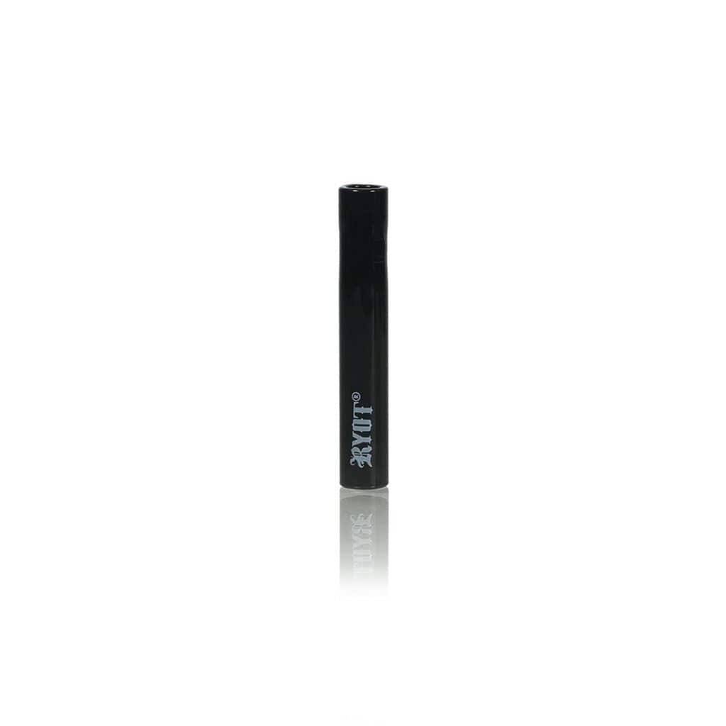 Center-frontal view of a glossy black Ryot Ceramic Maple Traveller Pipe standing upright on a white reflective surface.