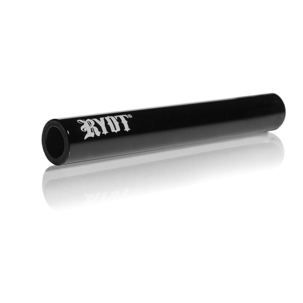 Angled close-up of a glossy black Ryot Ceramic Maple Traveller Pipe lying on a reflective white surface, showing its hollow end and white logo.