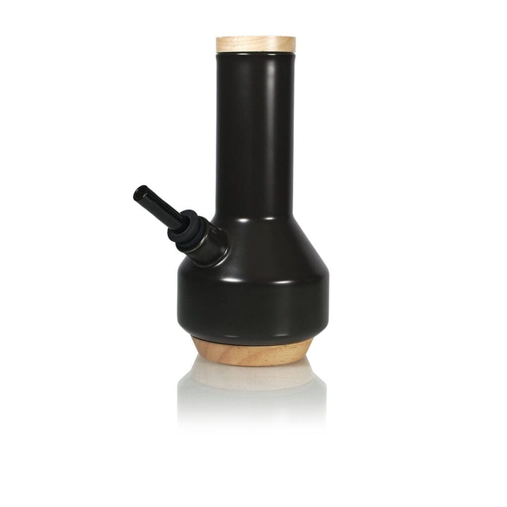 Front-facing view of the Ryot Ceramic Maple Traveller Pipe in matte black with maple wood top and base on a white reflective background