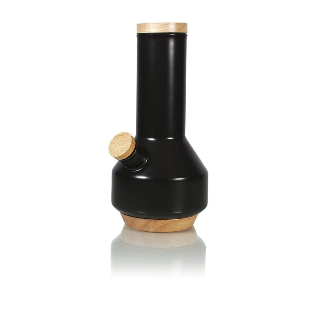 Centered front view of the Ryot Ceramic Maple Traveller Pipe showing its matte black ceramic body with maple wood accents on the top, mouthpiece and base.
