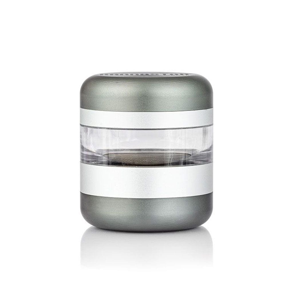 Center-frontal view of the compact Ryot Gr8Tr Jar Body Grinder with metallic gray caps and a clear middle chamber on a white background