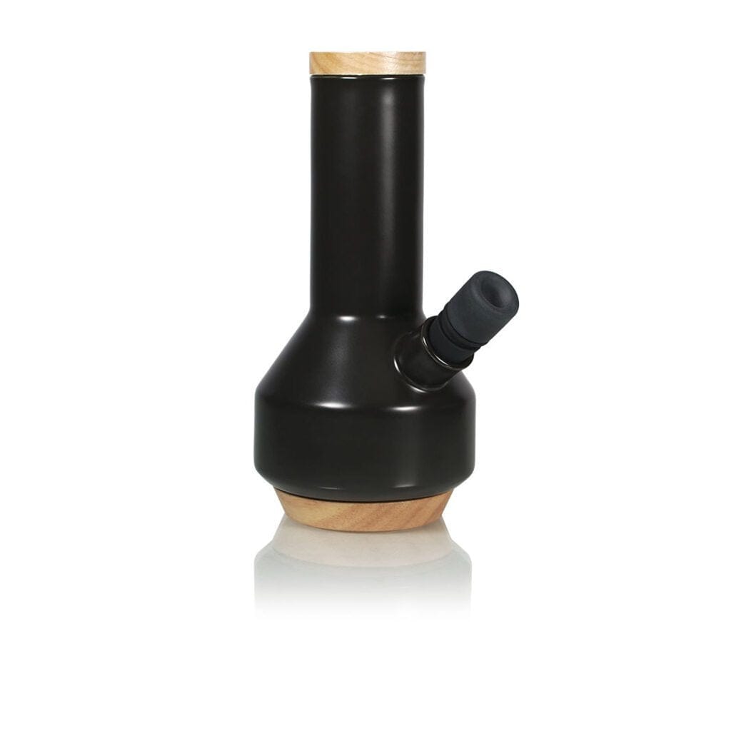 Front-facing view of the Ryot Ceramic Maple Traveller Pipe in matte black with maple wood accents at top and base and a right-angled mouthpiece.