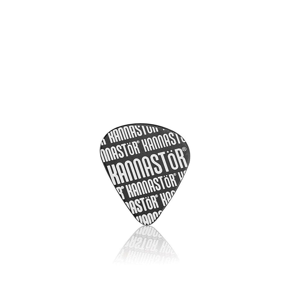 Centered front view of the Ryot Gr8Tr Jar Body Grinder triangular black piece with white repeating "KANNASTÖR" text and a faint reflection beneath